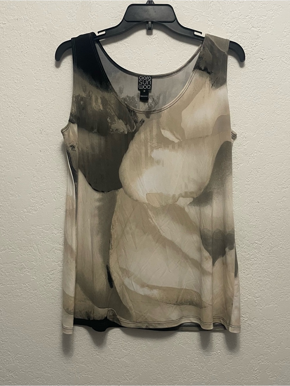 Clara Sun Woo Neutral Abstract Watercolor Stretch Knit Scoop Neck Tank M